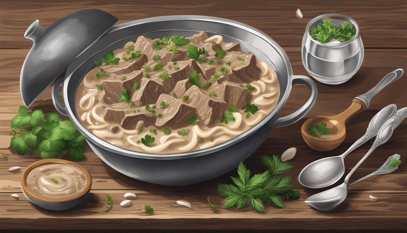 A steaming bowl of beef stroganoff sits on a rustic wooden table, surrounded by fresh herbs and a vintage silver spoon