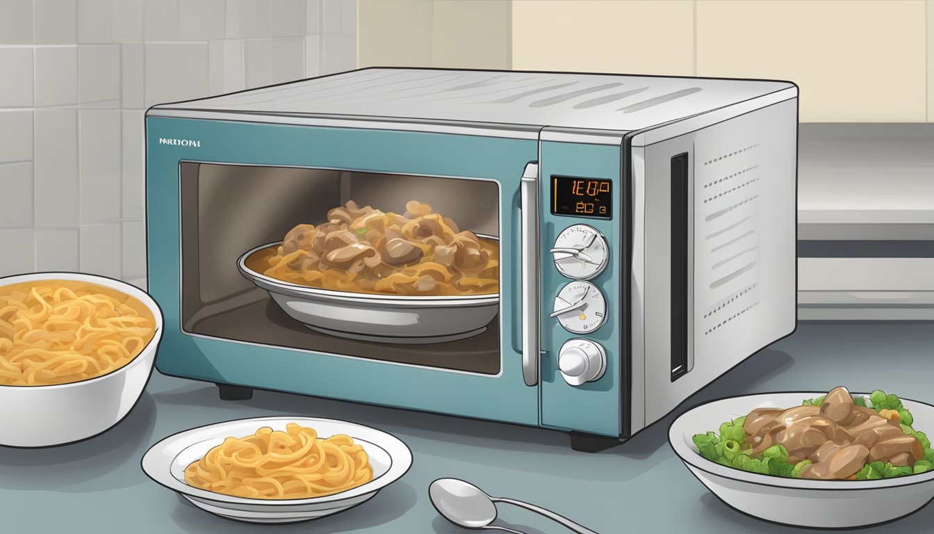 A microwave with a bowl of beef stroganoff inside, a timer set, and steam rising from the food