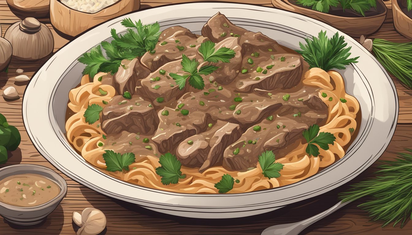 A steaming bowl of beef stroganoff sits on a rustic wooden table, surrounded by fresh herbs and a sprinkle of paprika