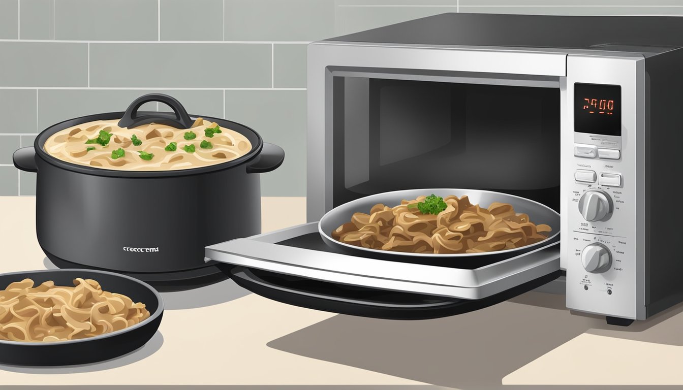 A microwave with a plate of beef stroganoff inside, a stovetop with a pot of beef stroganoff, and an oven with a baking dish of beef stroganoff