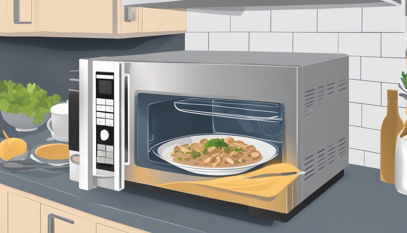 A person placing a beef stroganoff bowl in the microwave, setting the timer, and stirring the contents before enjoying the hot meal