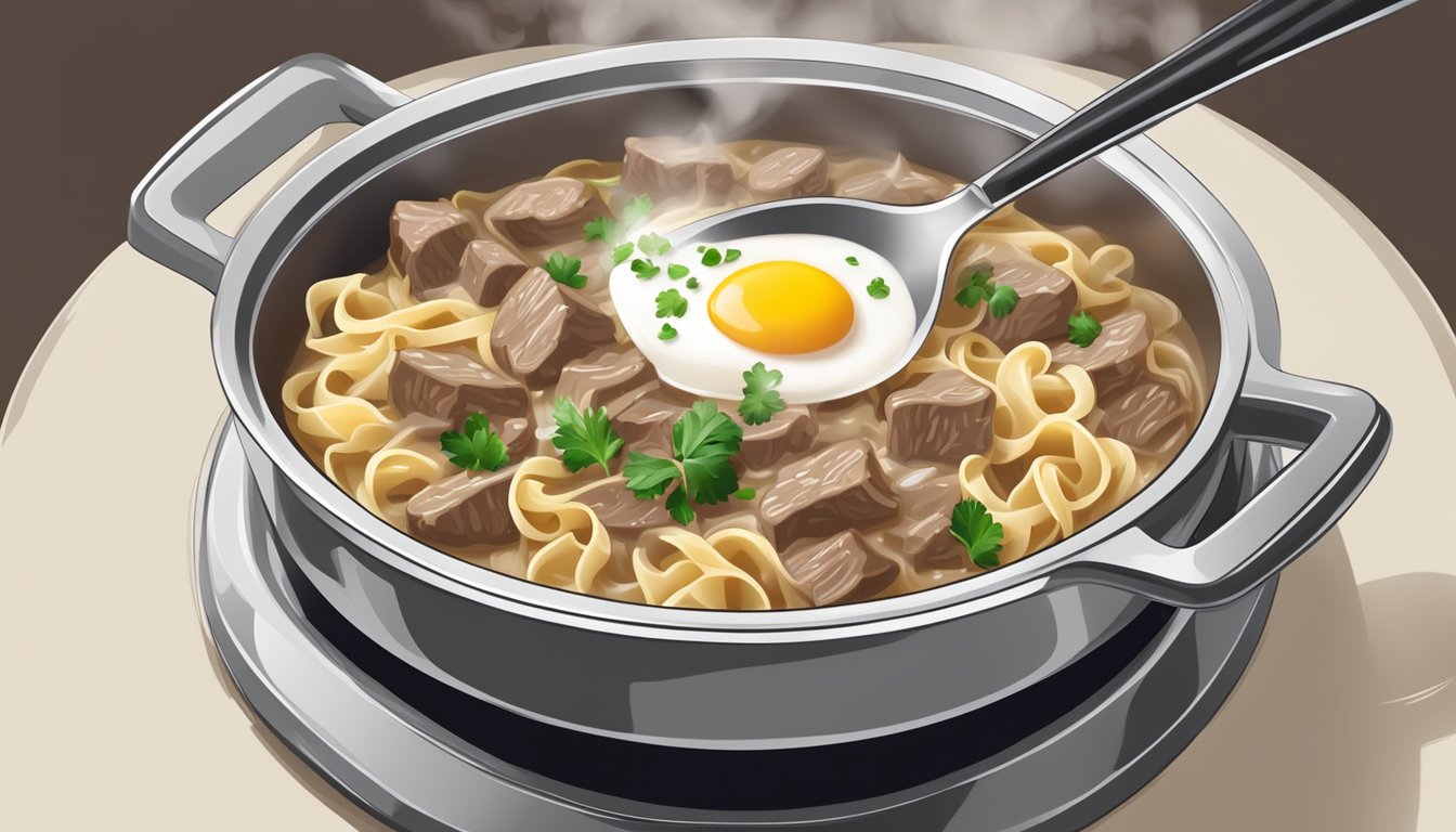 A steaming bowl of beef stroganoff with egg noodles being gently reheated on a stovetop, with a spoon resting on the side