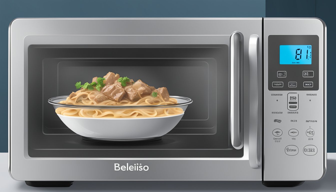 A microwave with a bowl of Bellisio Foods beef stroganoff inside, a timer set, and steam rising from the dish