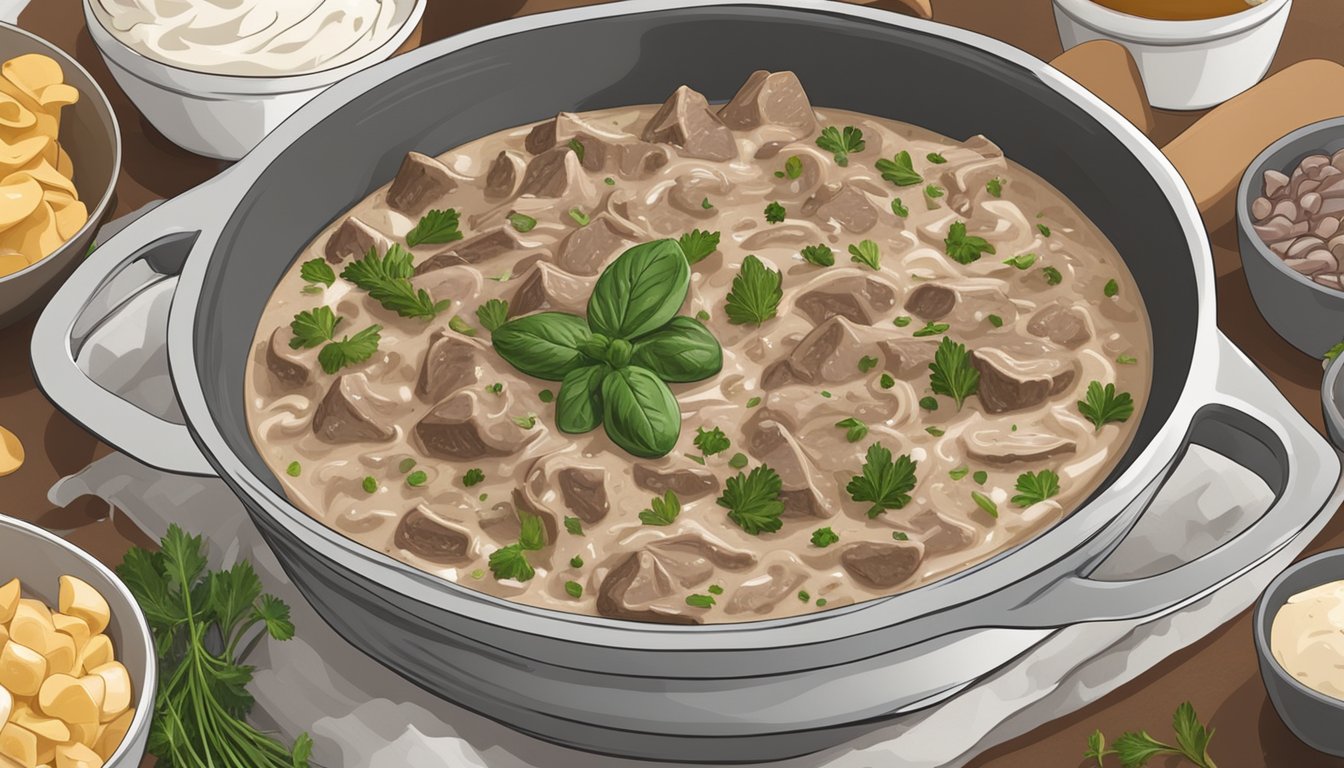 A steaming bowl of reheated Beef Stroganoff sits on a kitchen counter, surrounded by ingredients like sour cream and fresh herbs