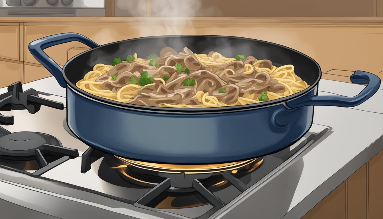 A pot of beef stroganoff with egg noodles being gently reheated on a stovetop