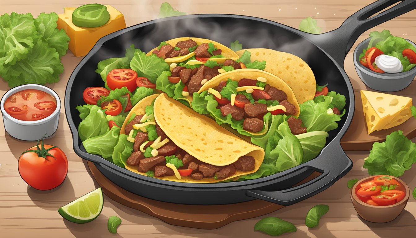 A sizzling skillet with reheated beef tacos, steam rising, surrounded by fresh ingredients like lettuce, tomatoes, and cheese