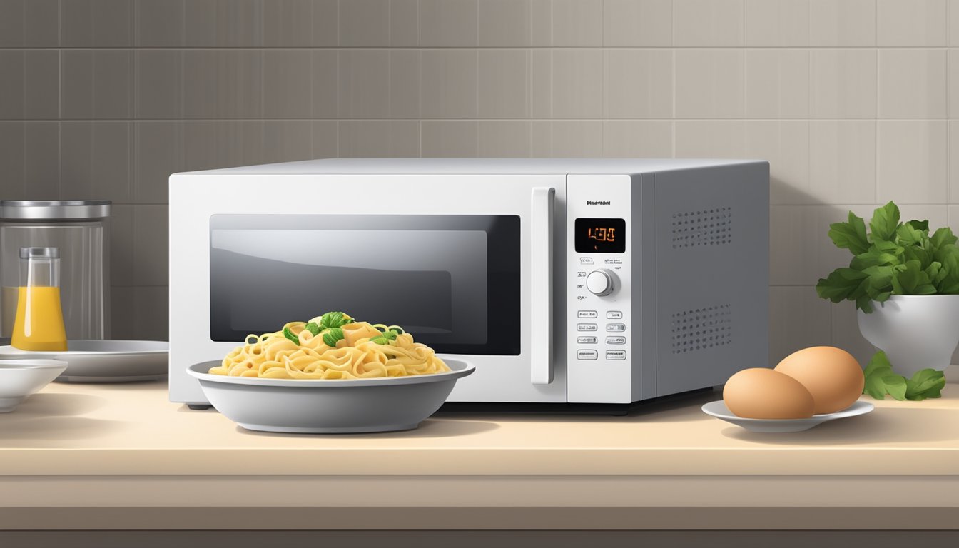 A microwave with a plate of beef stroganoff and egg noodles inside, with the timer set and the food rotating on the turntable