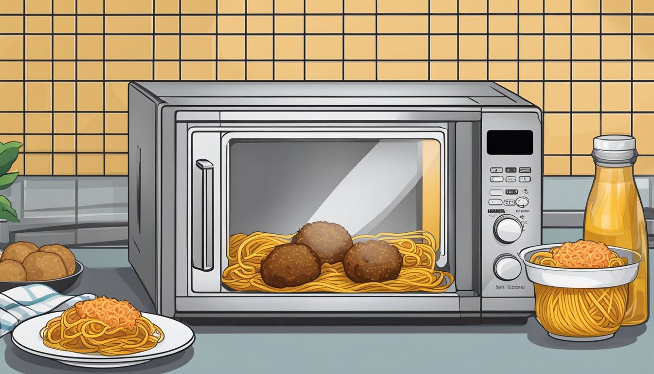 A microwave with a plate of spaghetti and meatballs covered with a microwave-safe lid. A digital thermometer sits nearby to ensure proper reheating temperature