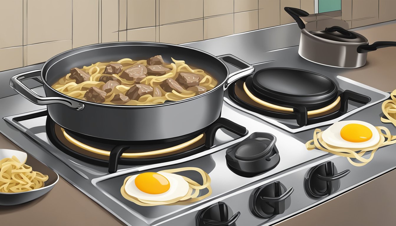 A pot of beef stroganoff and egg noodles being reheated on a stovetop