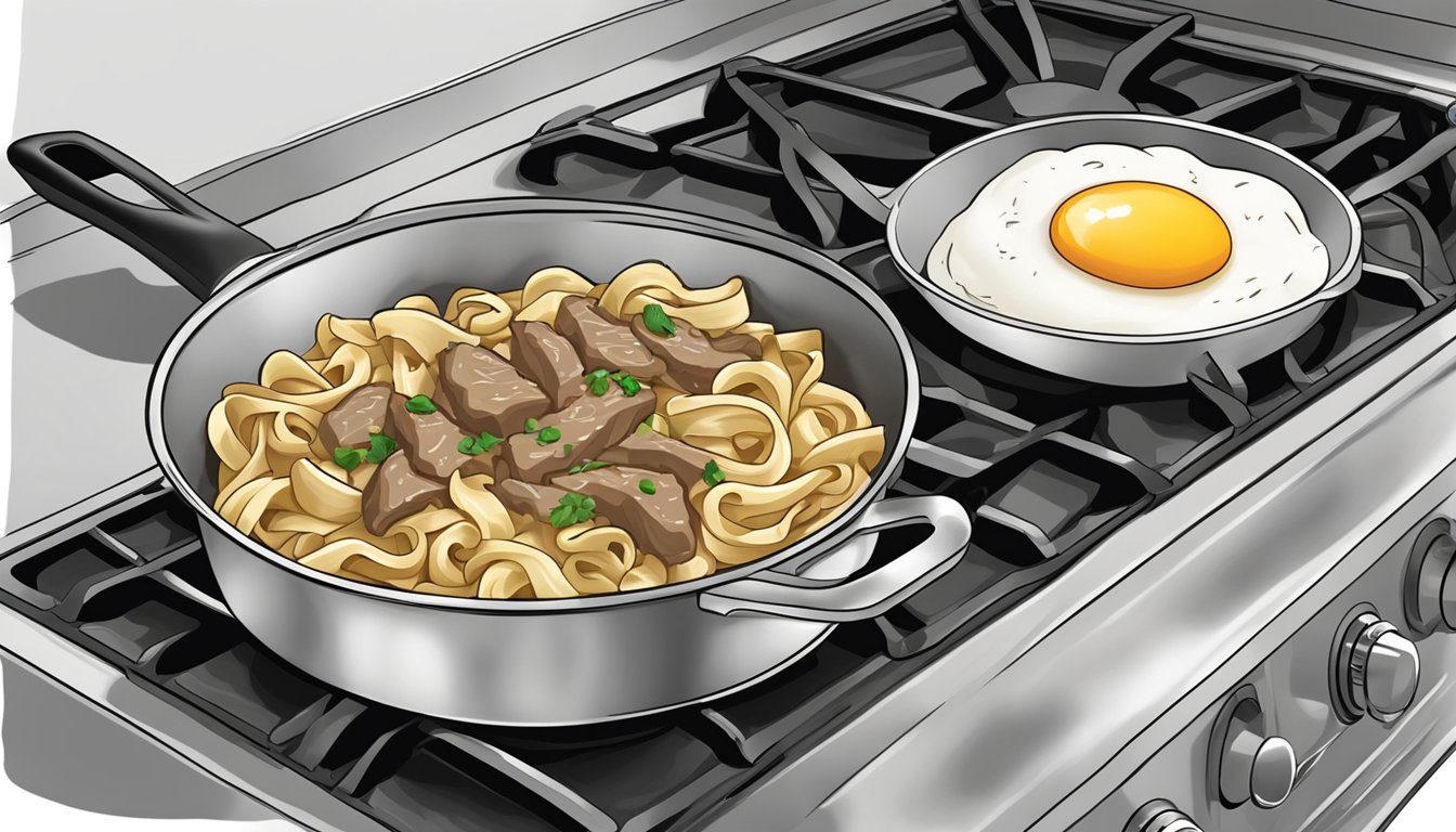 A pot of beef stroganoff and egg noodles being reheated on a stovetop