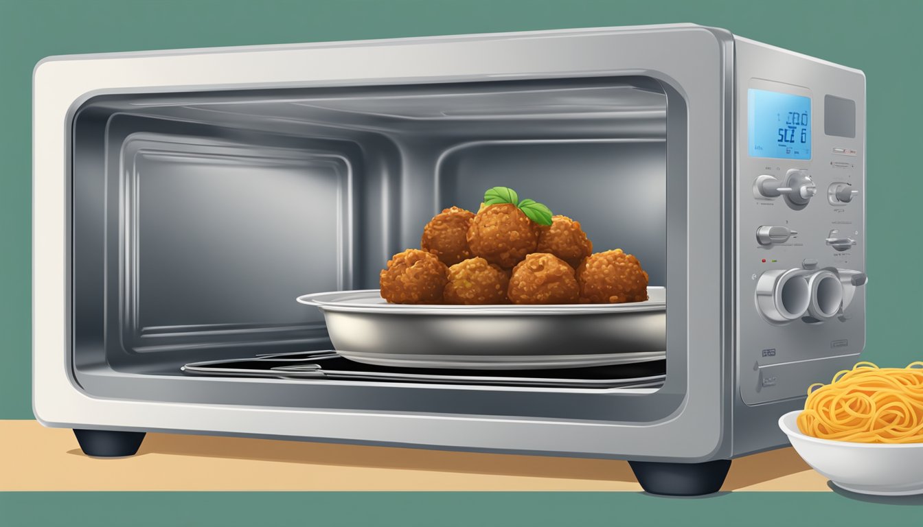 A microwave with a plate of spaghetti and meatballs inside, a stovetop with a pot of boiling water, and an oven with a baking tray of reheating food