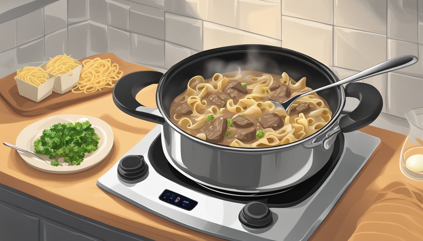 A pot of beef stroganoff with egg noodles being reheated on a stovetop, steam rising and a serving spoon nearby