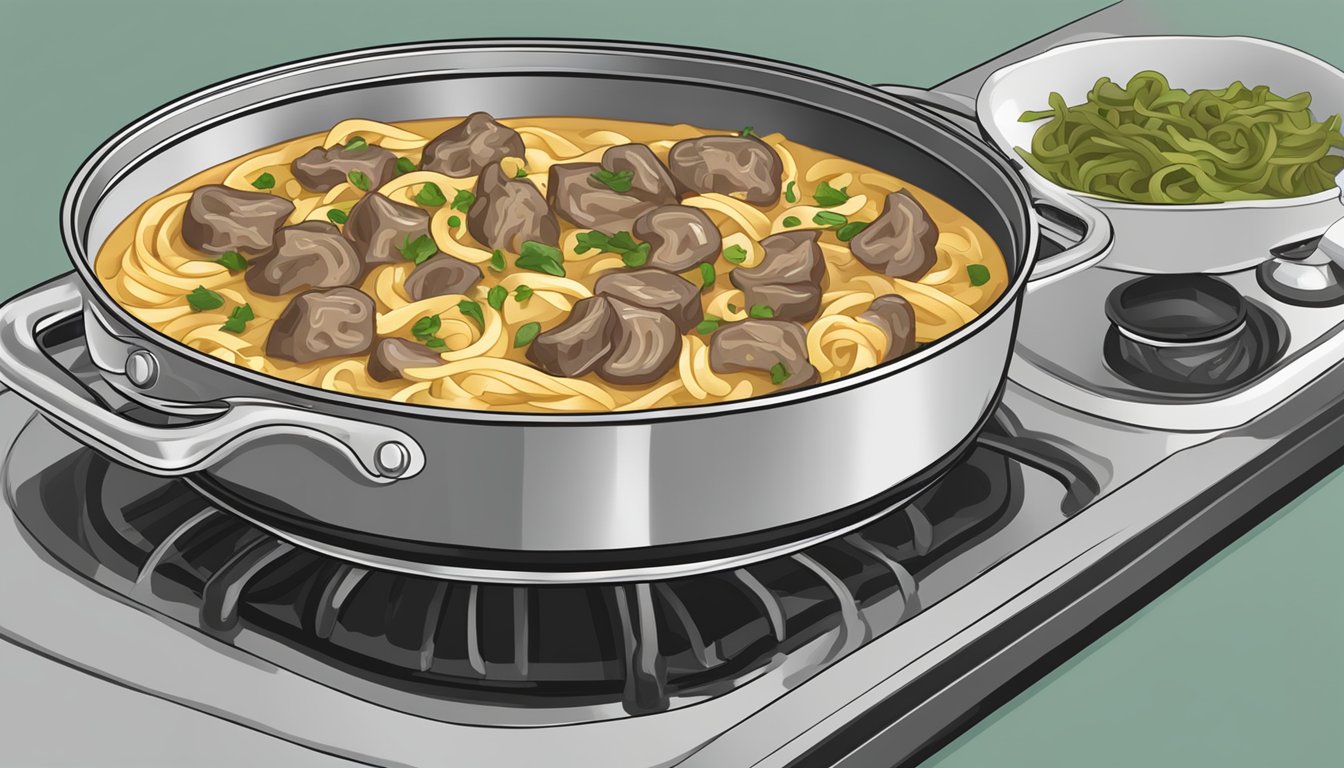 A pot of beef stroganoff with egg noodles being reheated on a stovetop