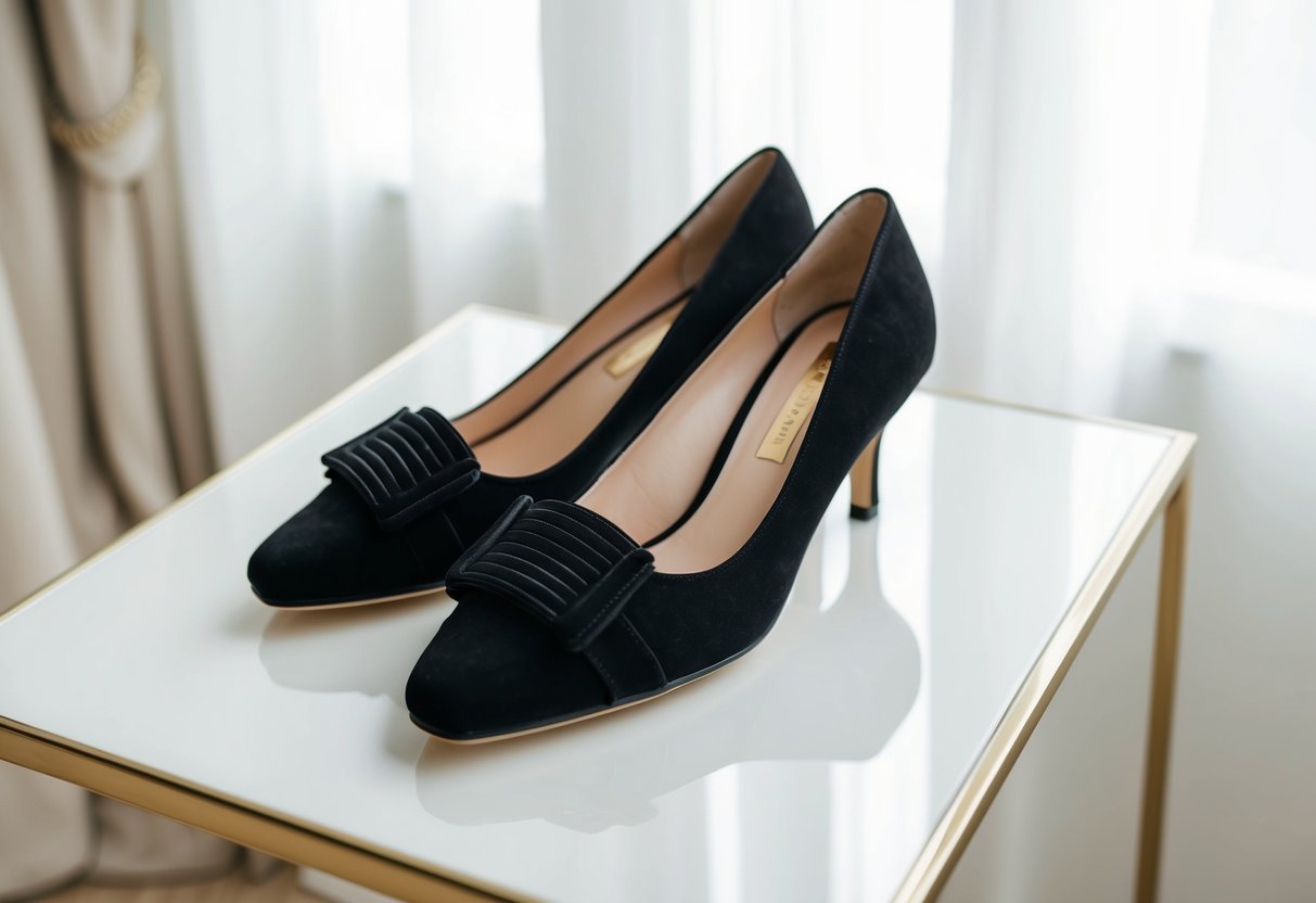 A pair of black shoes placed on a clean, white surface with a soft, elegant background
