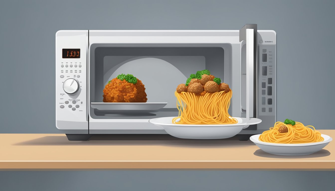 A microwave with a plate of spaghetti and meatballs inside, the timer counting down