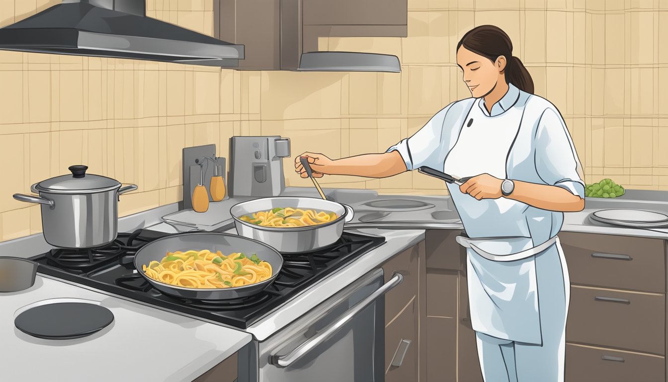 A pot of beef stroganoff and egg noodles being reheated on a stovetop, with a person using a thermometer to ensure the food reaches a safe temperature