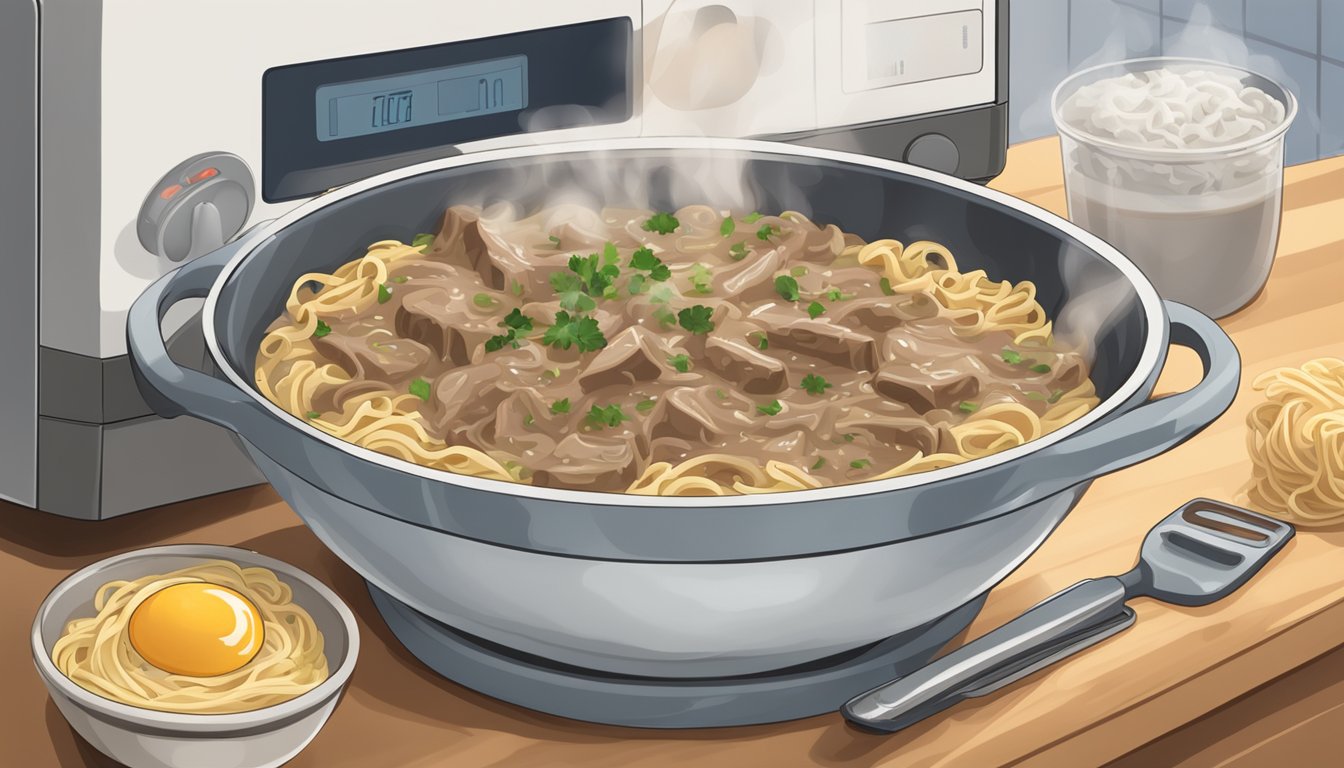 A steaming bowl of beef stroganoff with egg noodles being heated in a microwave