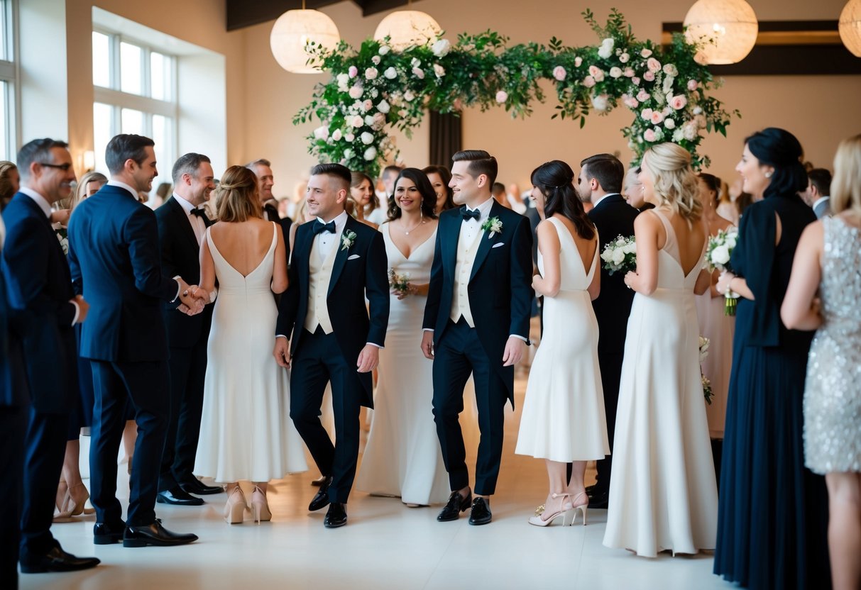 A group of elegantly dressed wedding guests, some wearing black shoes, mingle in a stylish venue with floral decorations and soft lighting