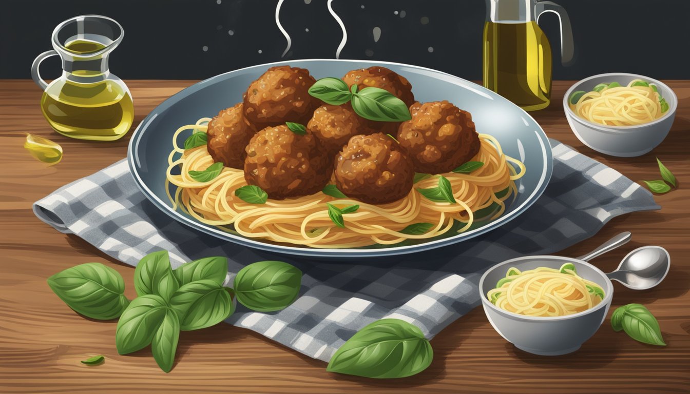 A steaming plate of spaghetti and meatballs sits on a rustic wooden table, surrounded by scattered basil leaves and a drizzle of olive oil