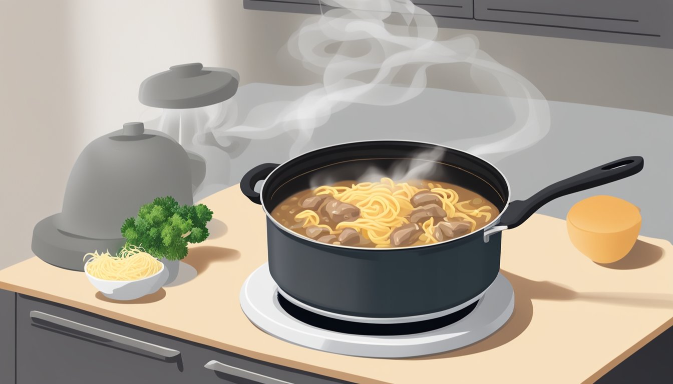 A pot of leftover beef stroganoff with egg noodles being reheated on a stovetop, steam rising from the bubbling mixture