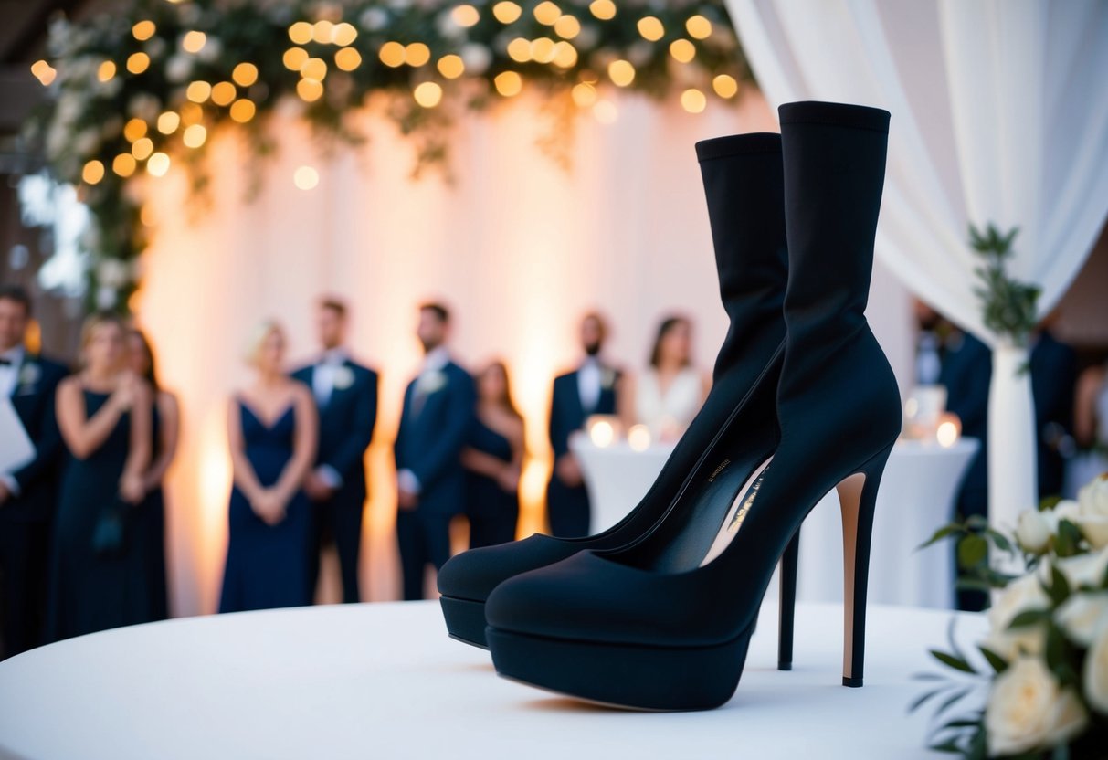 A stylish black outfit with a sleek dress and matching black shoes, set against a backdrop of a wedding ceremony or reception