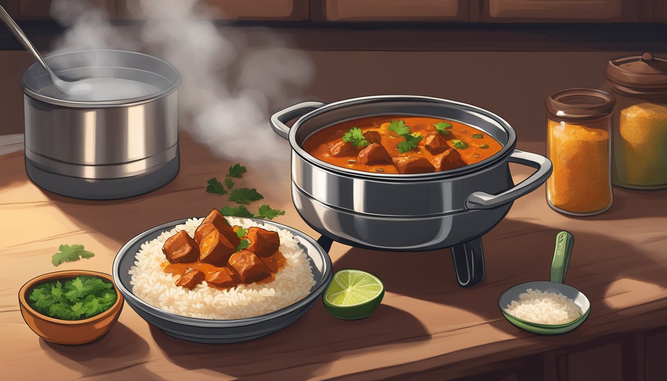 A steaming bowl of beef tikka masala sits on a stovetop, with a pot of rice and a spoon nearby. The kitchen is warmly lit and filled with the aroma of spices