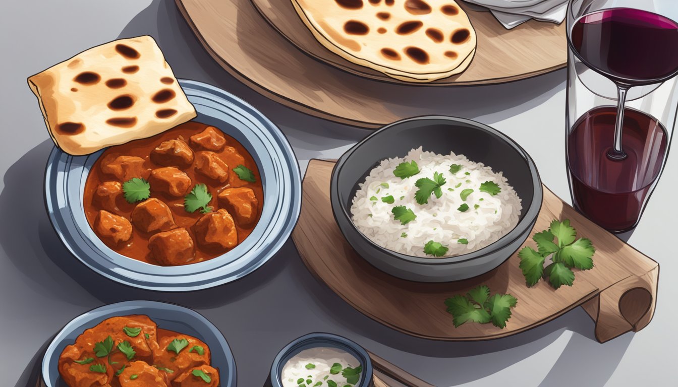 A steaming bowl of beef tikka masala sits next to a plate of warm naan bread and a glass of red wine