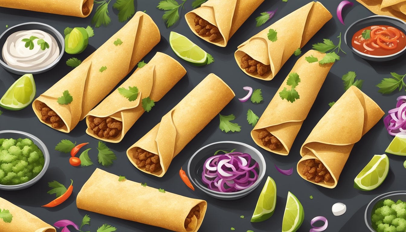 Beef taquitos arranged on a baking sheet, golden and crispy, surrounded by colorful garnishes