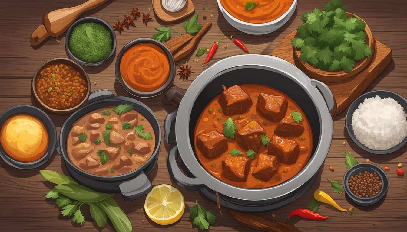 A steaming bowl of beef tikka masala sits on a rustic wooden table, surrounded by an array of vibrant spices and seasonings. A pot simmers on the stove in the background