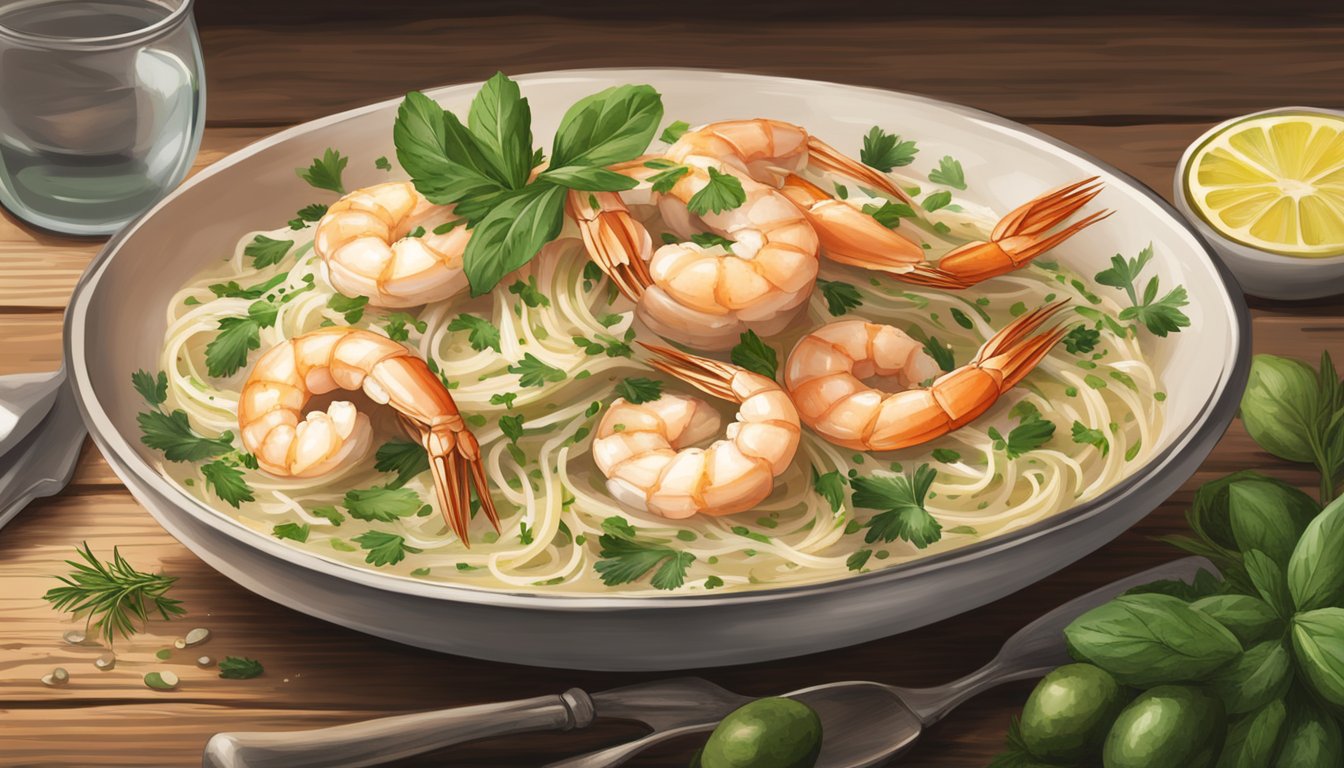 A steaming bowl of reheated Bertolli shrimp scampi sits on a rustic wooden table, surrounded by fresh herbs and a drizzle of olive oil