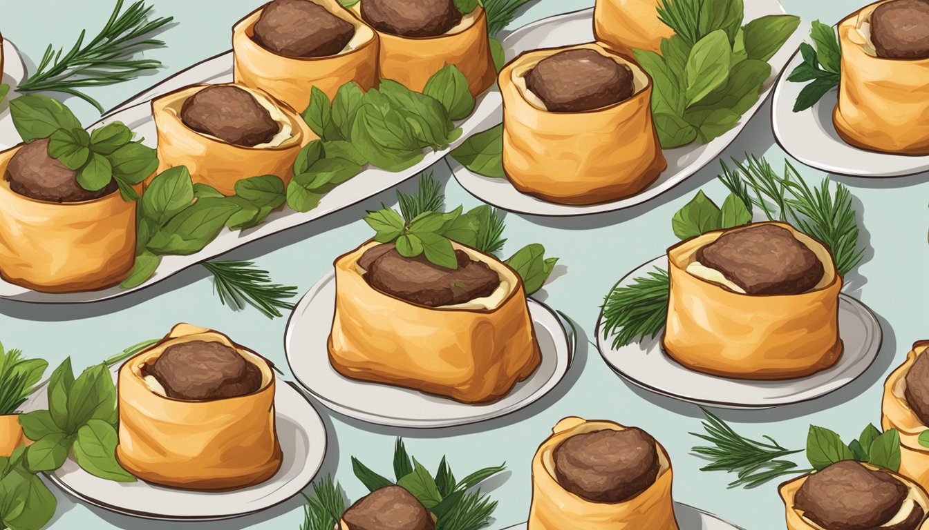 A platter of reheated beef wellington bites, garnished with fresh herbs, ready for serving