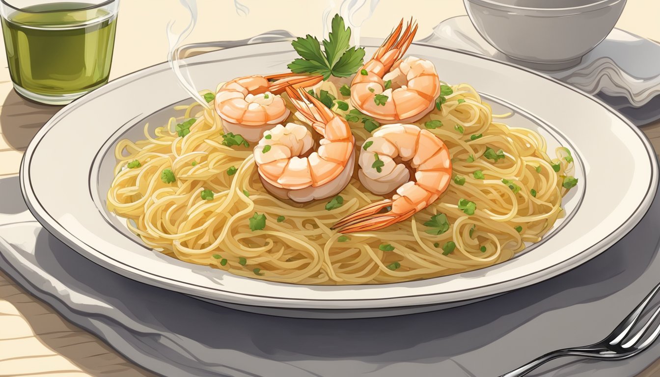 A plate of reheated shrimp scampi on a bed of pasta, steam rising from the dish. A fork rests beside the plate