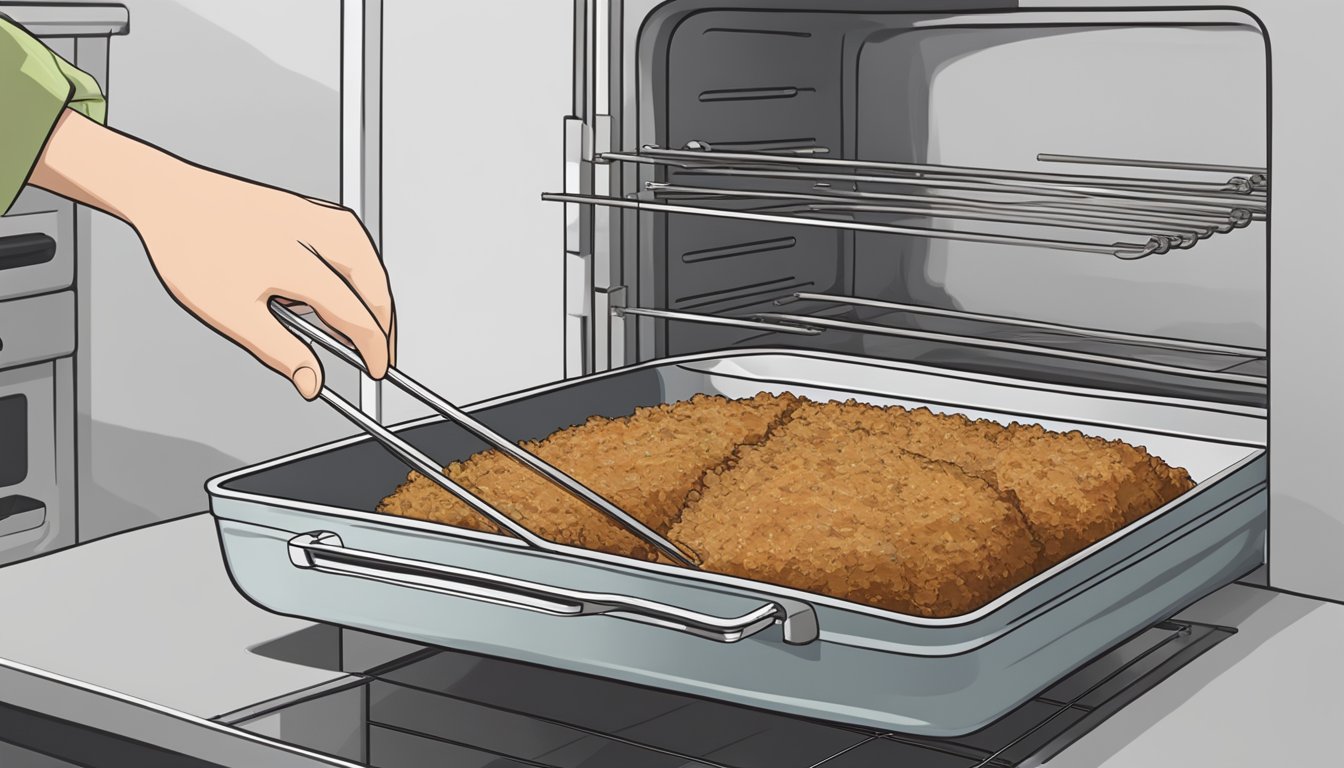 A plate of beef tonkatsu sits on a wire rack in an oven, with a thermometer nearby. The oven door is open, and a hand reaches in to turn the knob