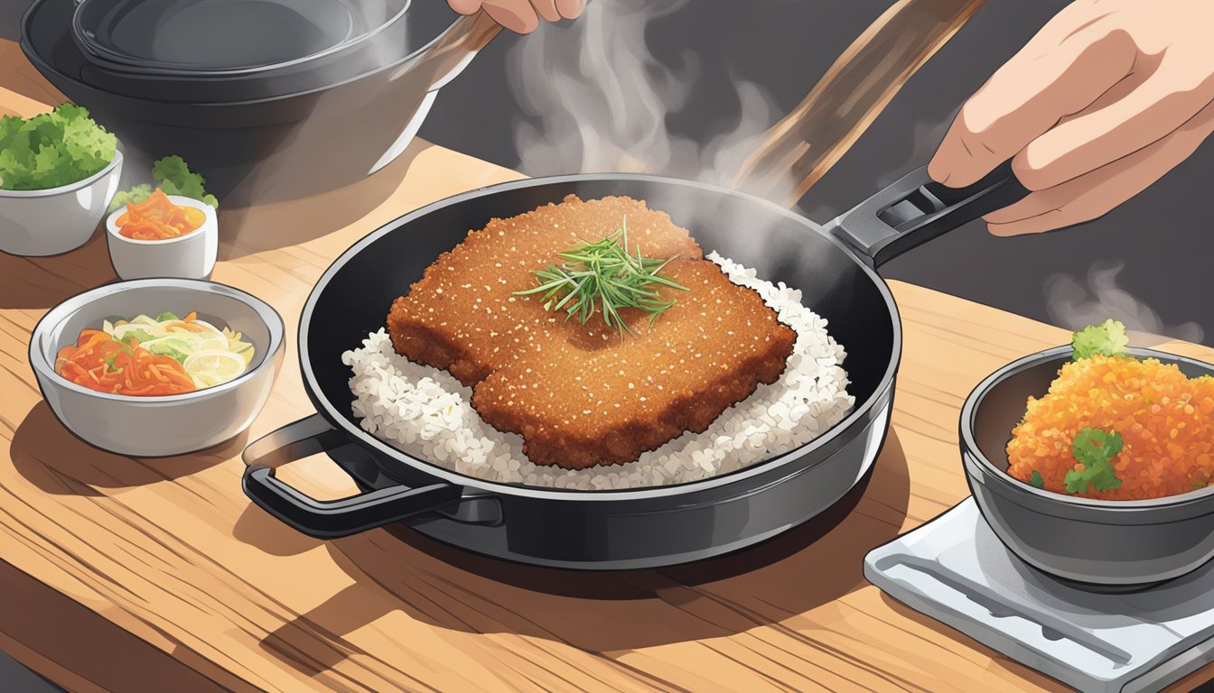 A sizzling beef tonkatsu is being reheated in a hot skillet, creating a crispy and flavorful exterior