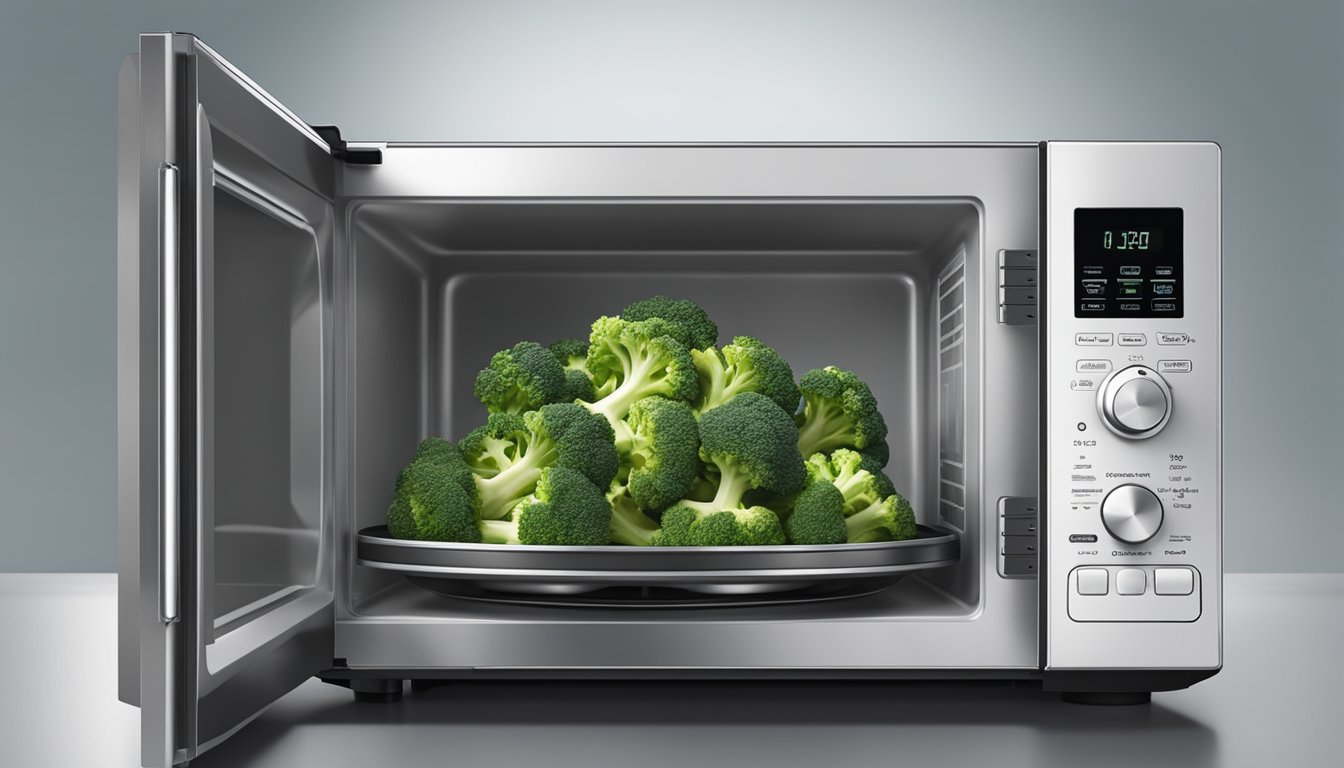 A microwave with an open bag of Birds Eye Steamfresh broccoli florets rotating on the turntable