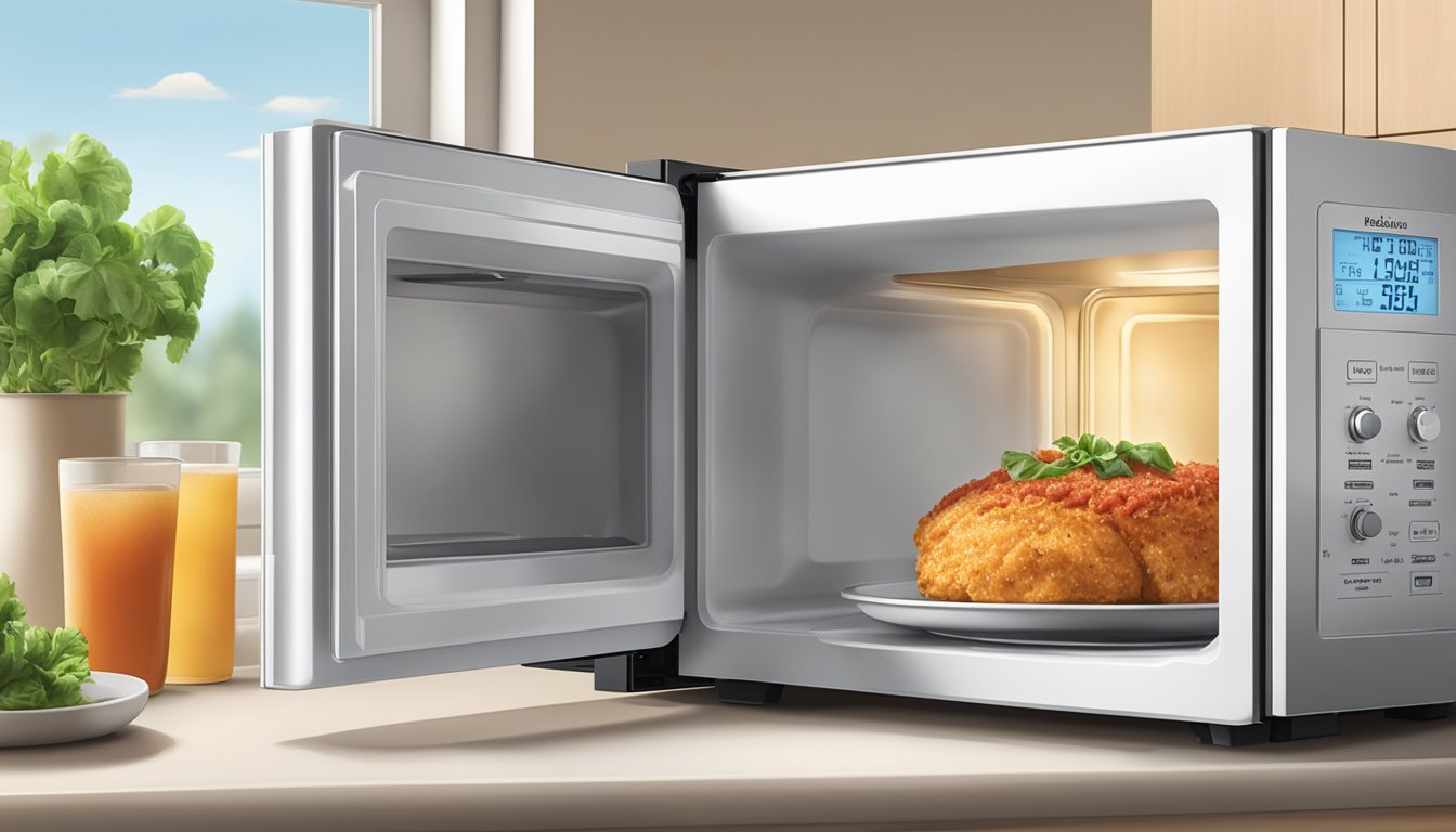 A microwave with a plate of Bellisio Foods chicken parmesan inside, with the door open and steam rising from the food