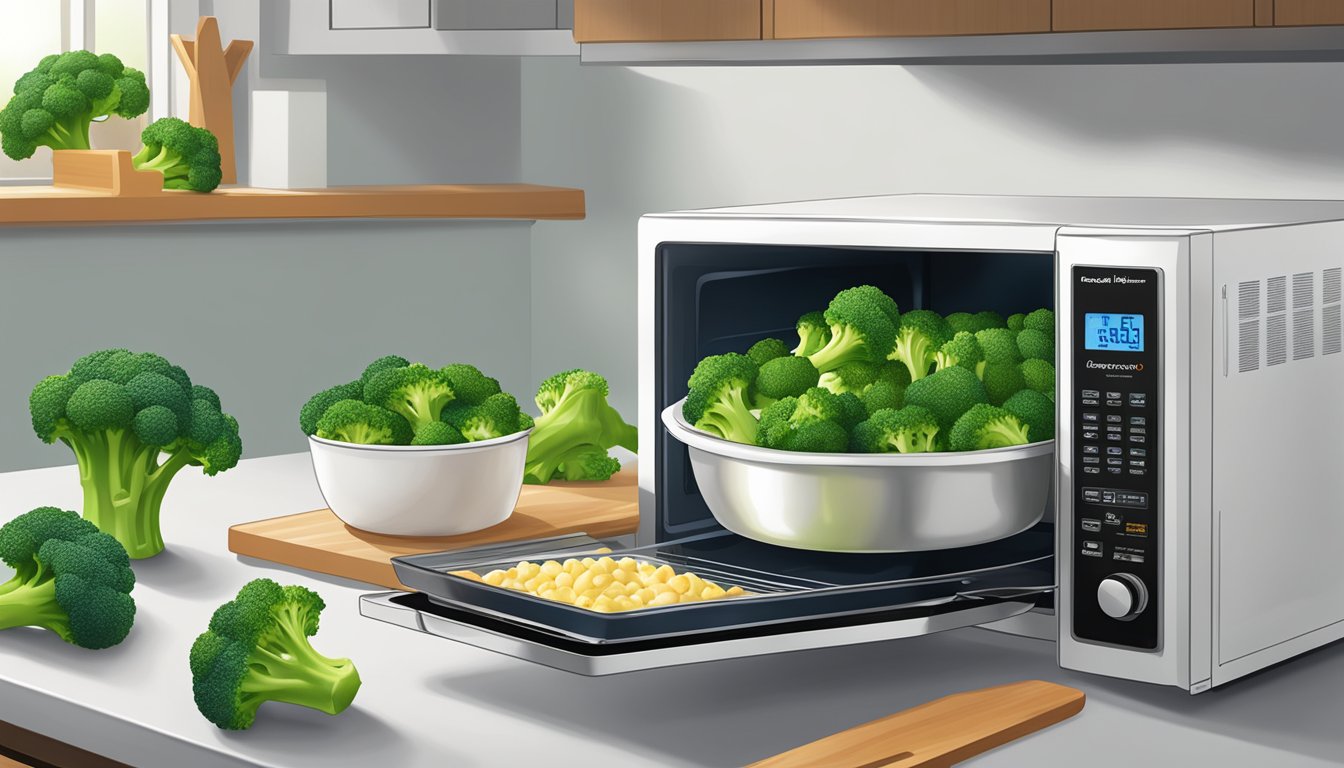 A steaming bag of Birds Eye Steamfresh broccoli florets being reheated in a microwave