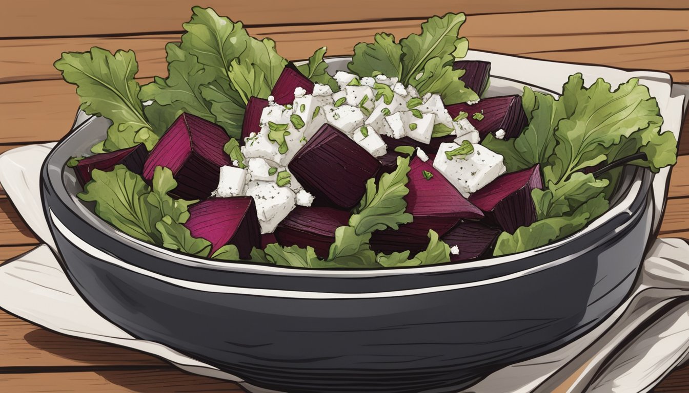 A bowl of roasted beets, mixed greens, and crumbled goat cheese, drizzled with balsamic vinaigrette, sits on a wooden table