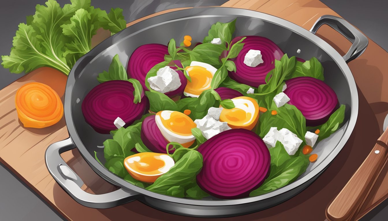 A colorful beet and goat cheese salad is being gently reheated in a skillet over a low flame, the rich aroma of the ingredients filling the kitchen