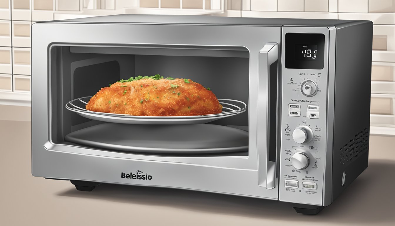 A microwave with a plate of Bellisio Foods chicken parmesan inside, a timer set for reheating, and steam rising from the hot food