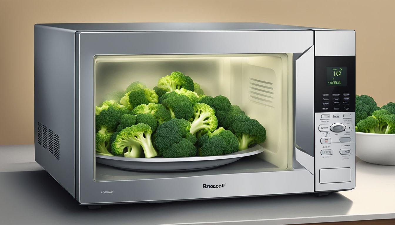 A microwave with an open bag of Birds Eye Steamfresh broccoli florets inside, steam escaping as it heats