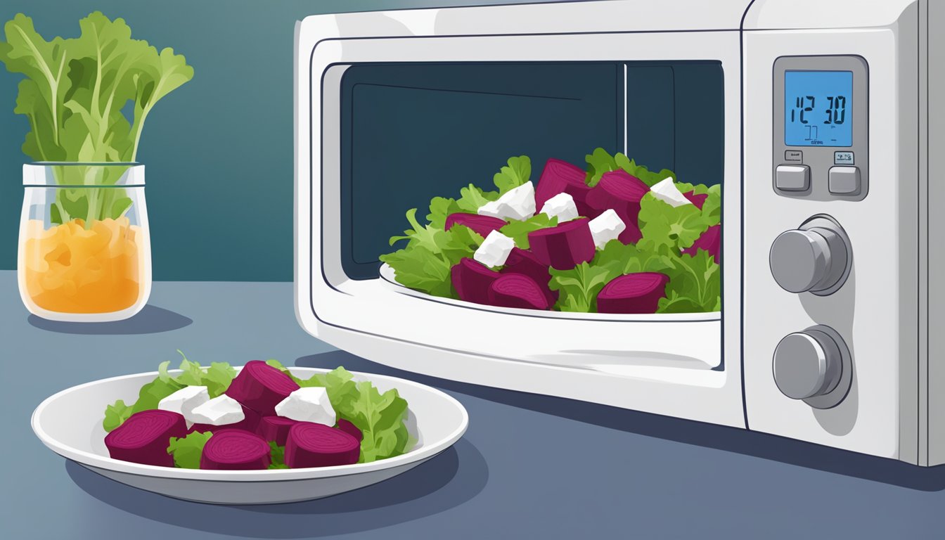 A plate of beet and goat cheese salad being gently reheated in a microwave