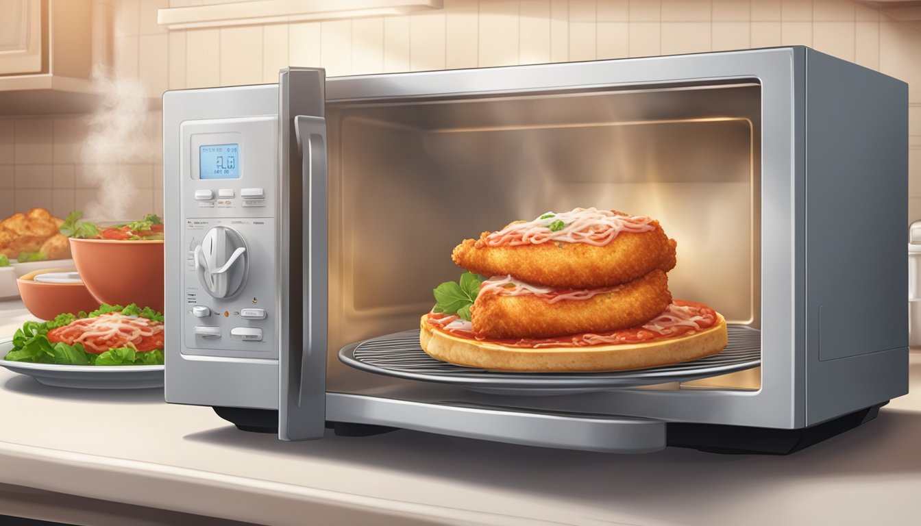 A microwave with a plate of chicken parmesan inside, steam rising from the hot food