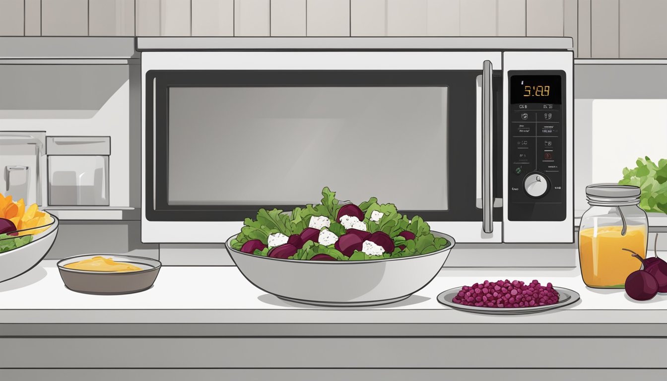 A bowl of beet and goat cheese salad being reheated in the microwave, with a side of dressing and toppings laid out on the counter