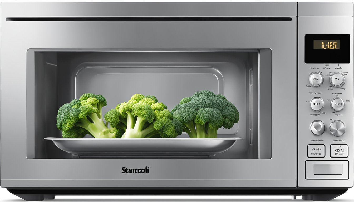 A microwave with a steaming bag of Birds Eye Steamfresh broccoli florets inside, with the timer set and the microwave door closed