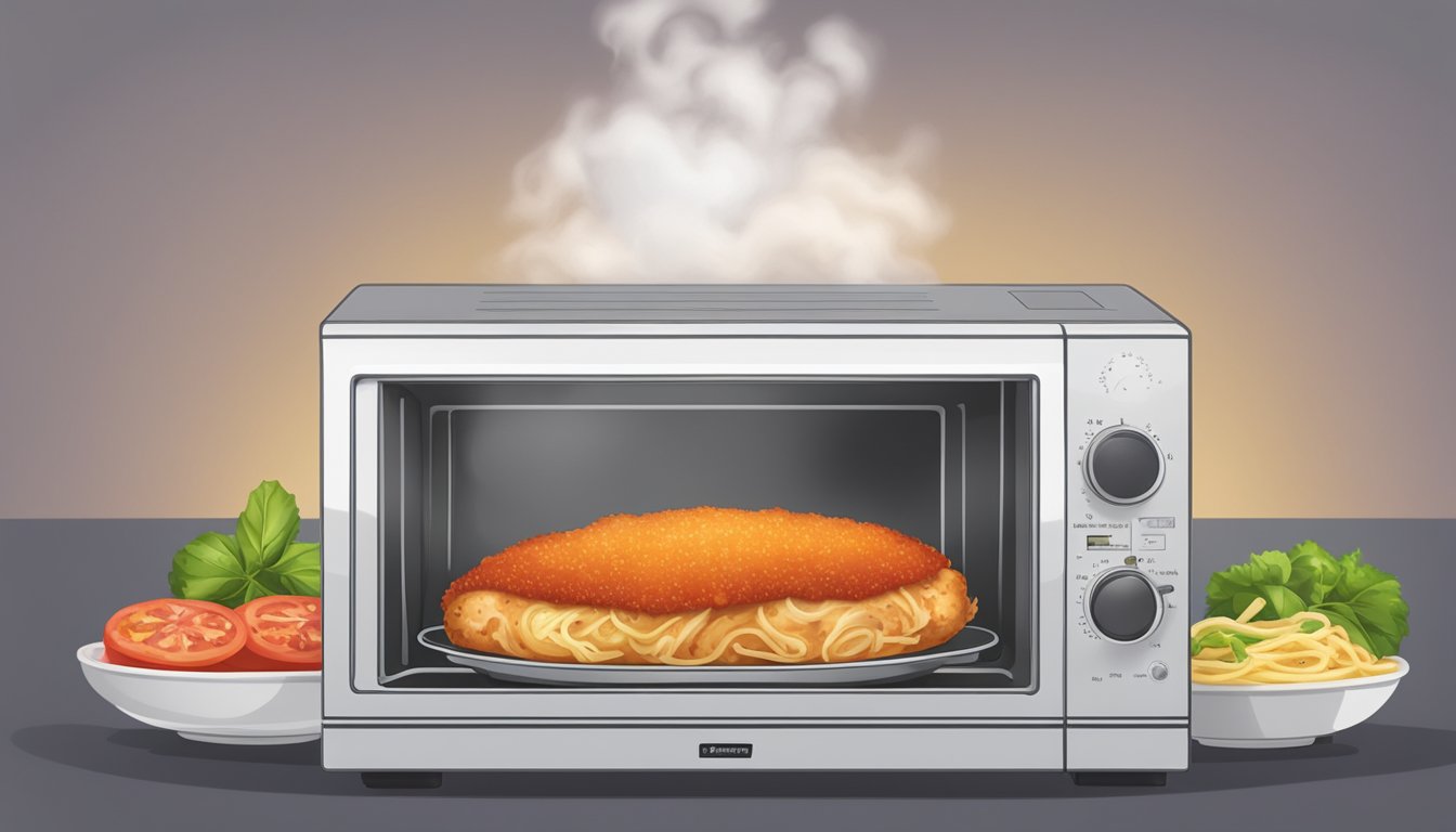 A microwave with a plate of chicken parmesan inside, steam rising from the hot food