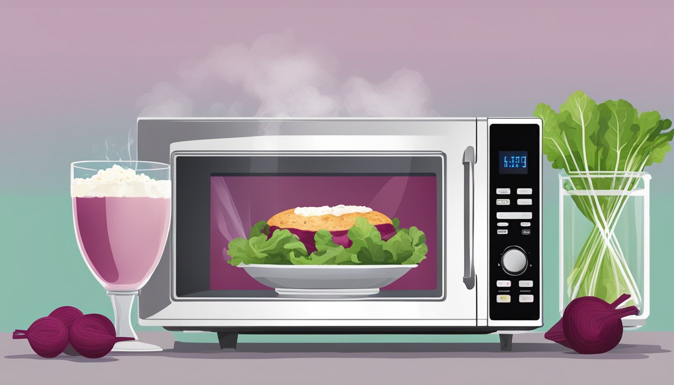 A microwave with a plate of beet and goat cheese salad inside, steam rising