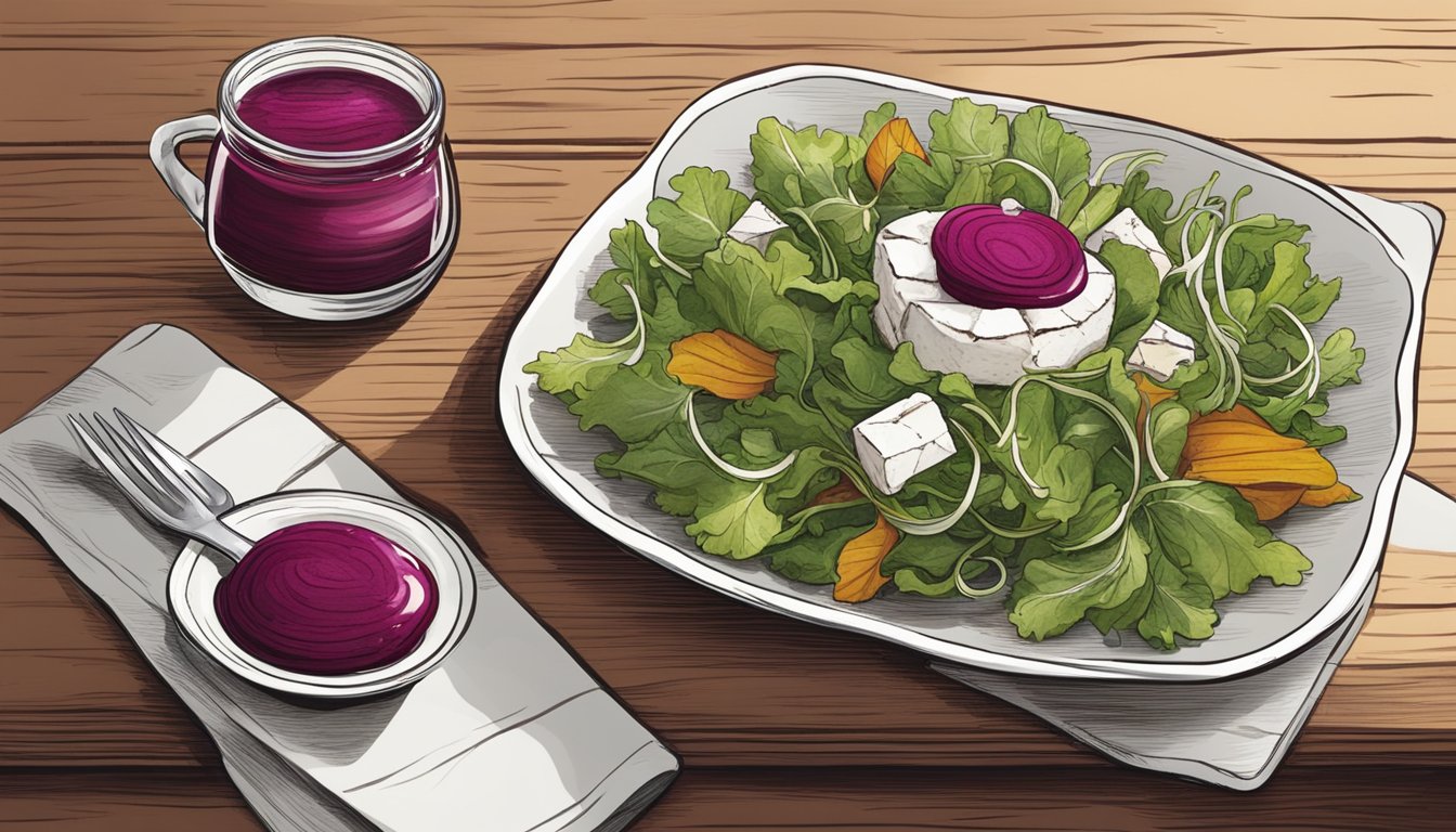 A rustic wooden table with a ceramic plate holding a reheated beet and goat cheese salad, accompanied by a small bowl of vinaigrette