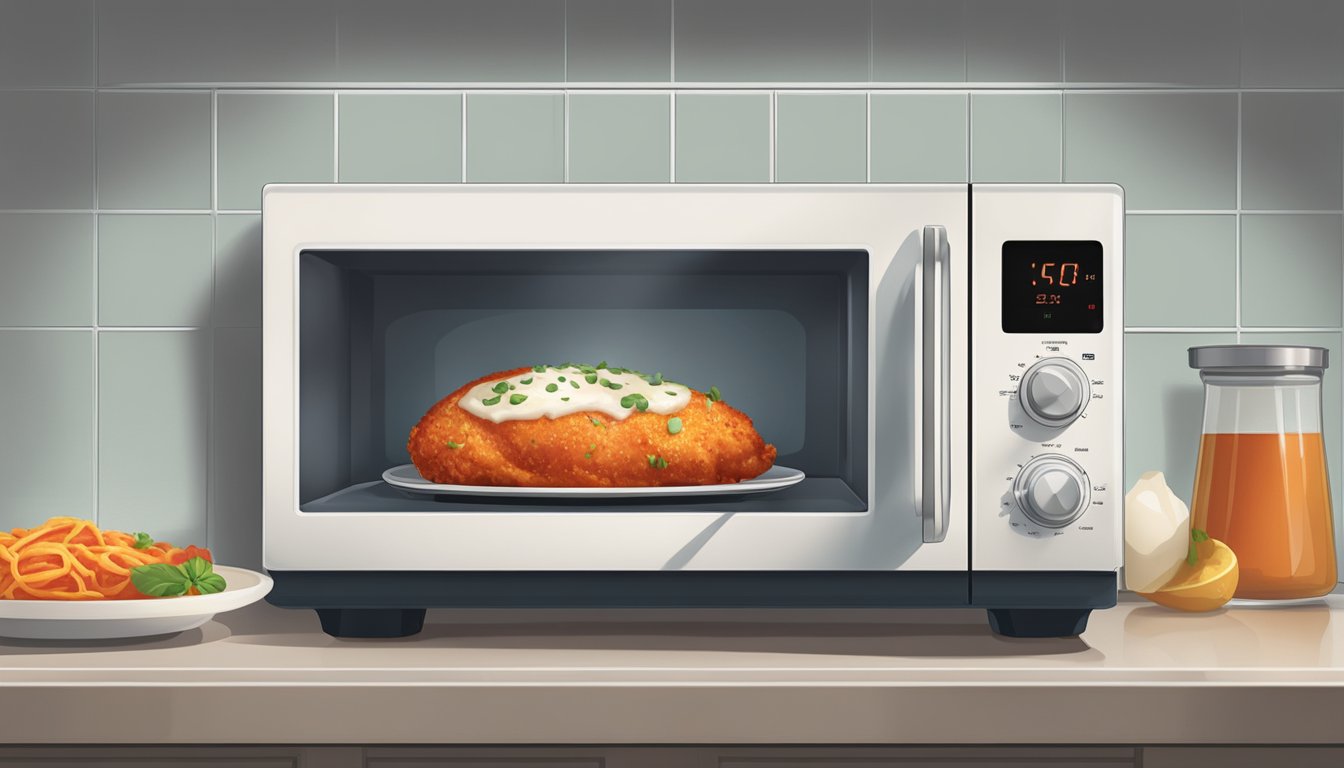 A microwave with a plate of chicken parmesan inside, steam rising as the food reheats