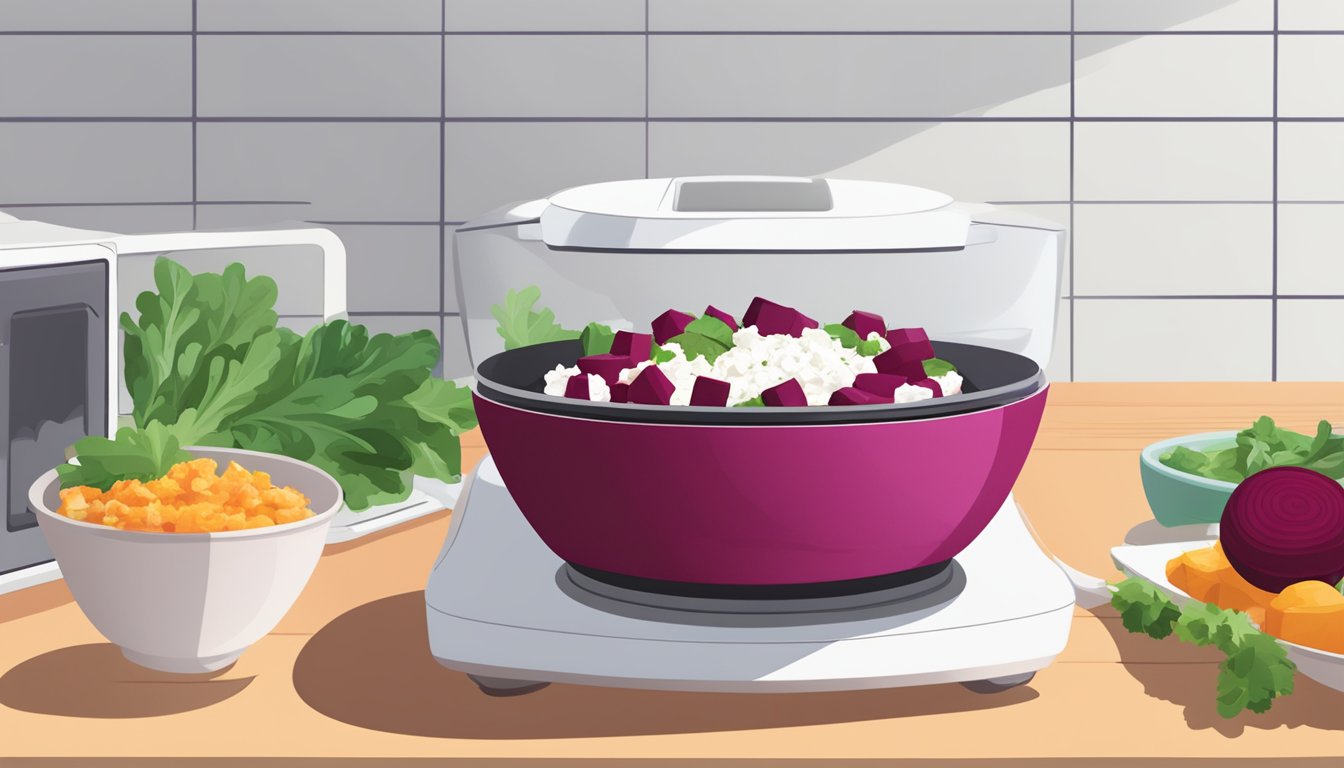 A bowl of beet and goat cheese salad being reheated in a microwave